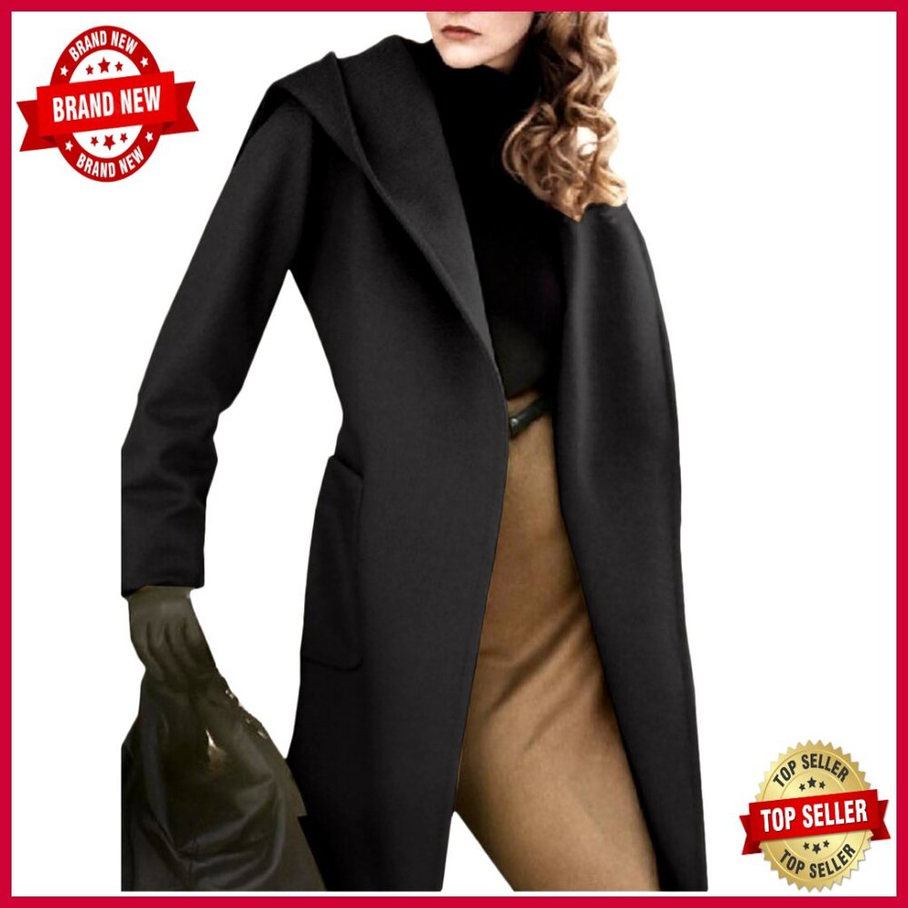 Wool Blend Trench Coat Long Sleeve Open Front Belted Casual Winter Jacket